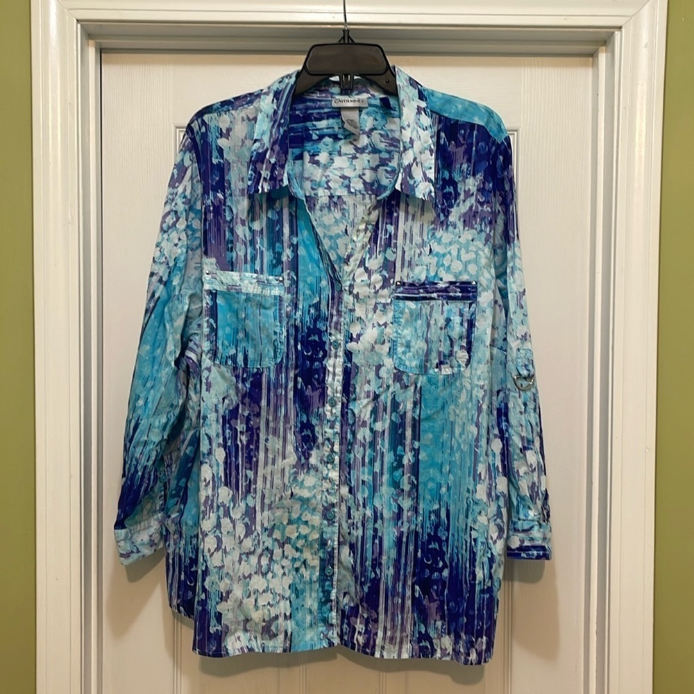 Catherine’s - turquoise, purple & white print - silver tone accents - size 3XWP
